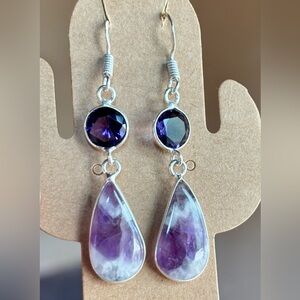 Chevron Amethyst Crystal  & Faceted Amethyst Earrings – Sterling Silver 925